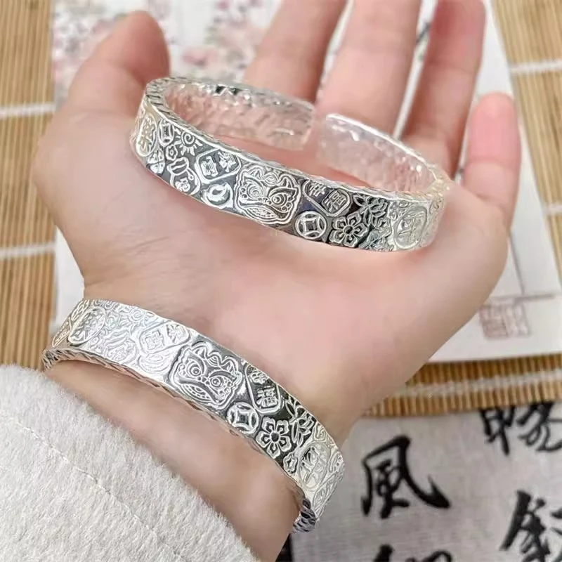 足银手镯 三面吉言银手镯男女实心开口纯手工招财猫999.9银镯子