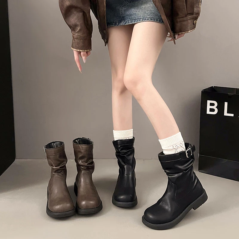 棕色粗跟复古褶皱堆堆靴英伦风短靴女2025春秋新款圆头靴子中筒靴