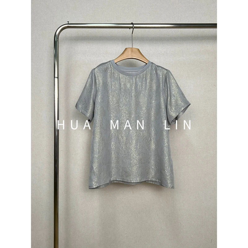 【花满林】圆领螺纹烫金真丝桑蚕丝银灰色短袖上衣255239