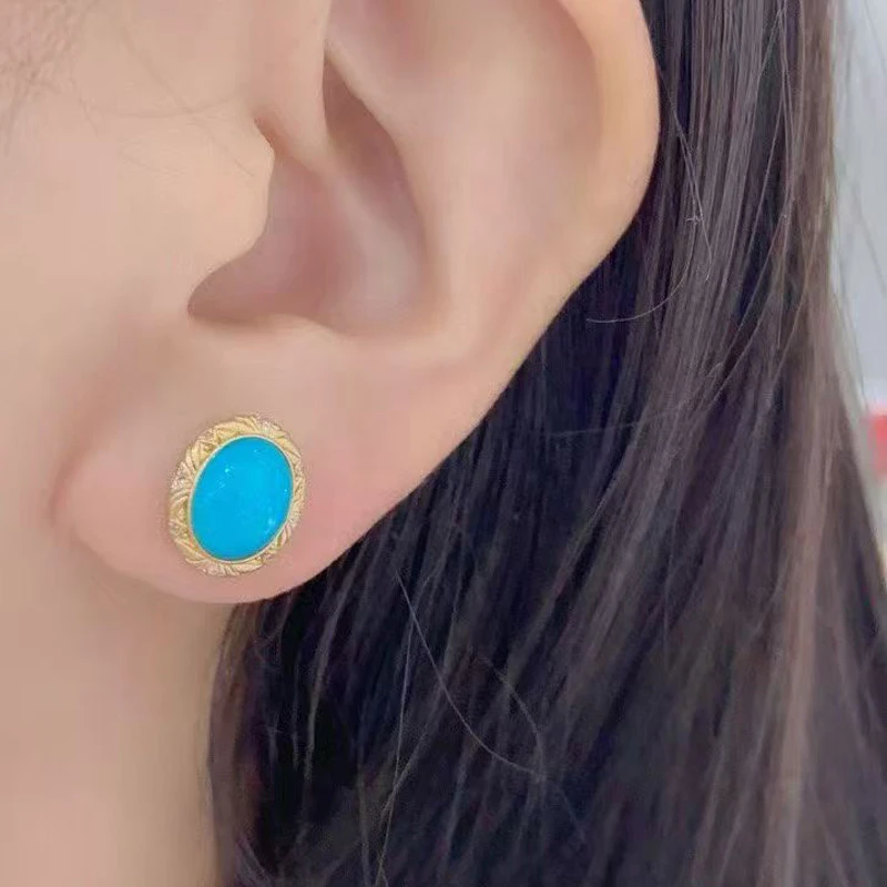 湖北绿松石耳钉18k金绿松石耳钉暴力蓝耳饰蓝色时尚百搭绿