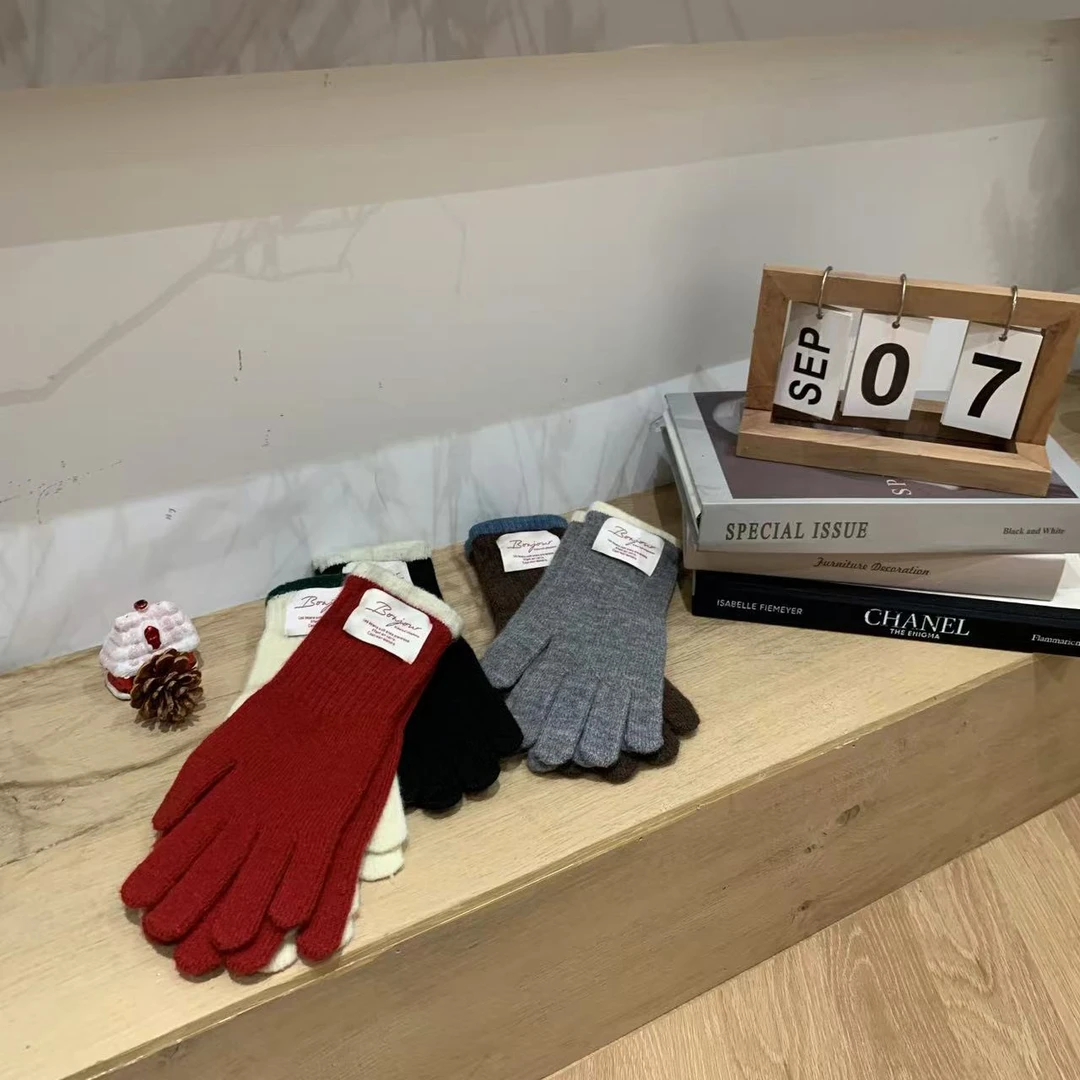 贴布标撞色边可露指羊毛针织手套4-12-16