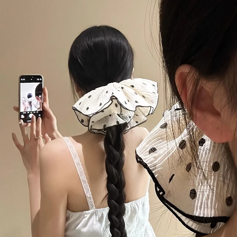 韩系波点~超大米白色双层大肠发圈女高级感头绳发饰2025春季发绳
