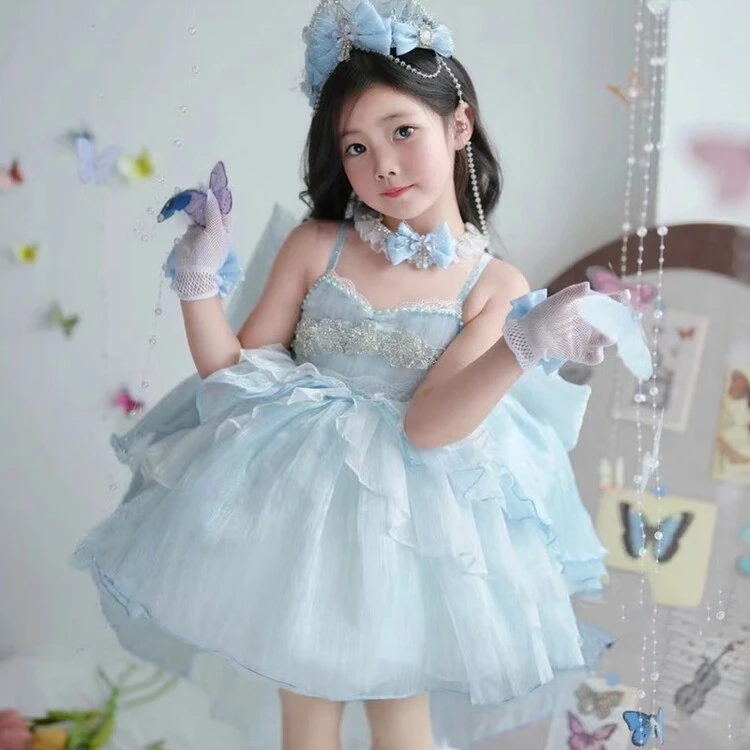 蓝色宝宝裙公主裙纯色女小女孩连衣裙纱裙蓬蓬裙夏季