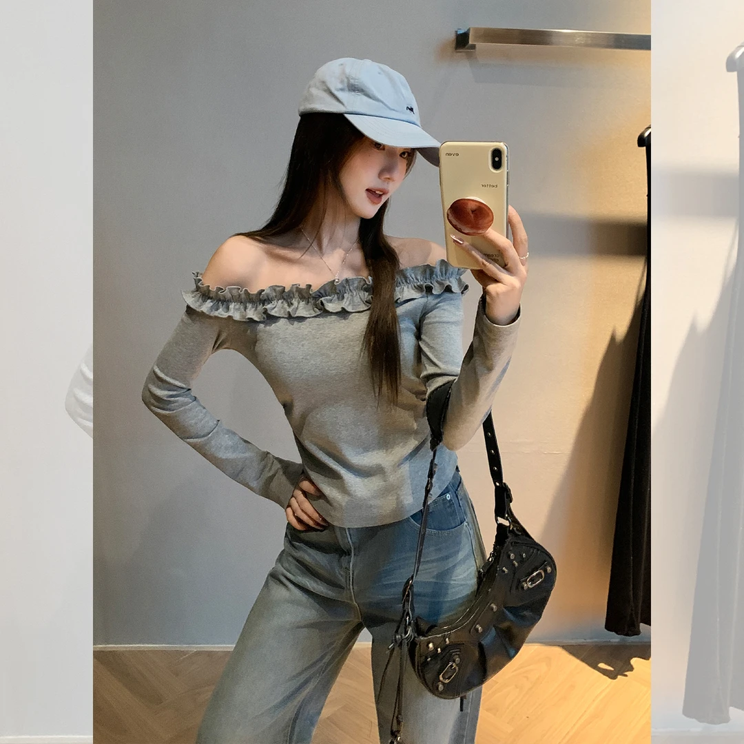 2025时尚气质灰色木耳边褶皱新长袖女韩系显瘦一字肩斜肩百搭上衣