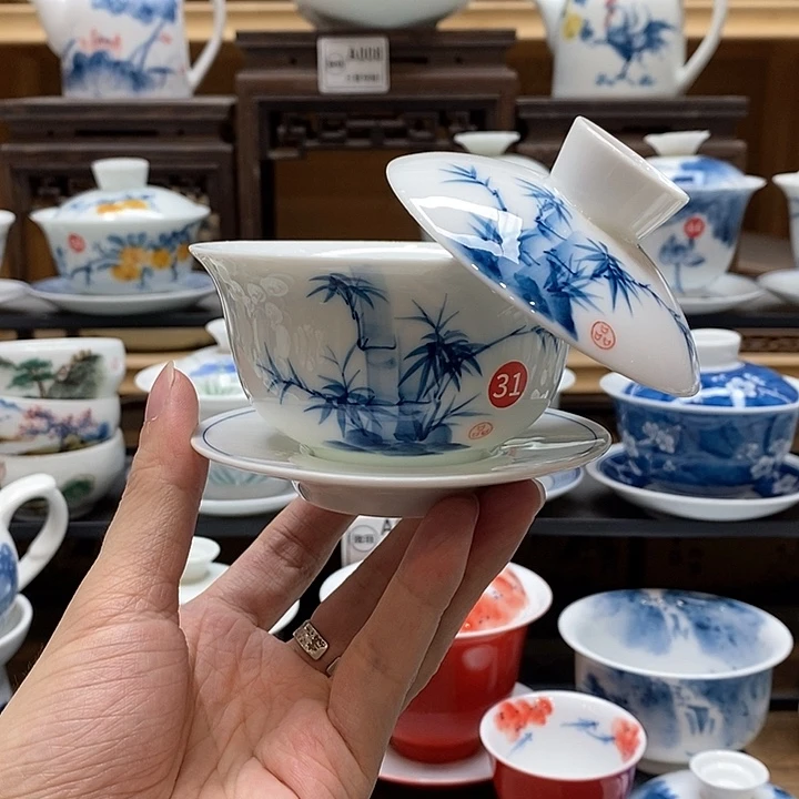 手绘咏竹悬停盖碗150cc釉下彩微瑕福利款