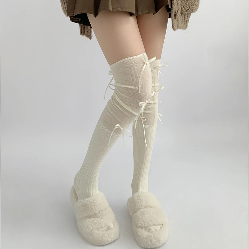 过膝袜子女春秋款灰色蝴蝶结长筒堆堆袜靴子美拉德芭蕾风jk小腿袜
