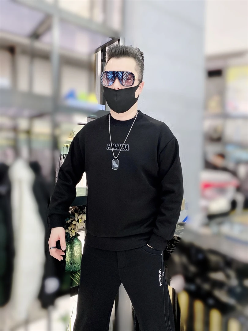 [APPCN]秋冬加绒圆领套头卫衣冬季时尚休闲宽松黑色加厚潮流新款