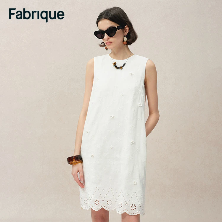 Fabrique Bella【折纸裙】春夏新款亚麻镂空花朵A型圆领无袖连衣裙