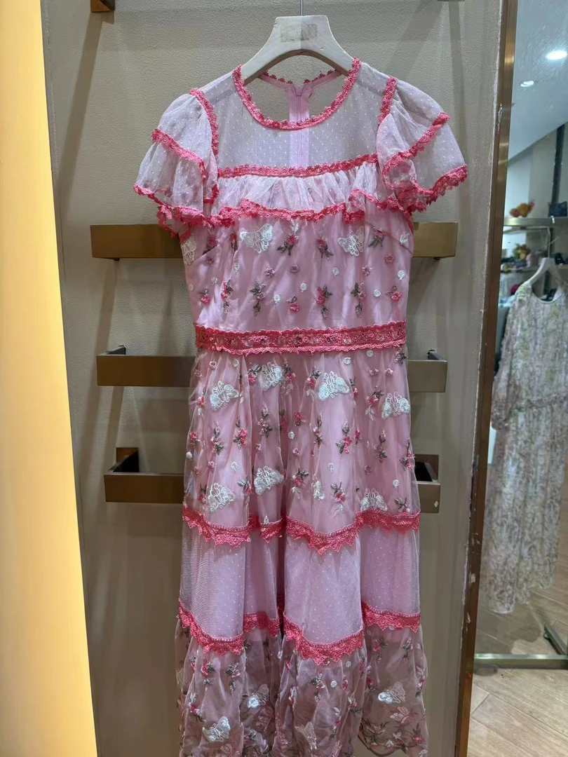 H4拼接提花中裙甜美温柔风裙子连衣裙夏