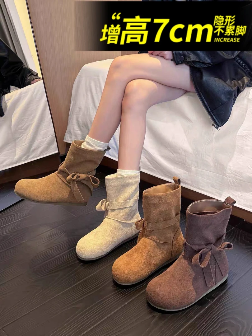 真皮小个子增高7cm勃肯短靴女2025新款马丁靴秋季超火西部牛仔靴