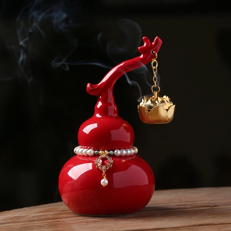 红色紫色葫芦陶瓷摆件禅意香炉莲花创意茶桌装饰品茶空间小摆件