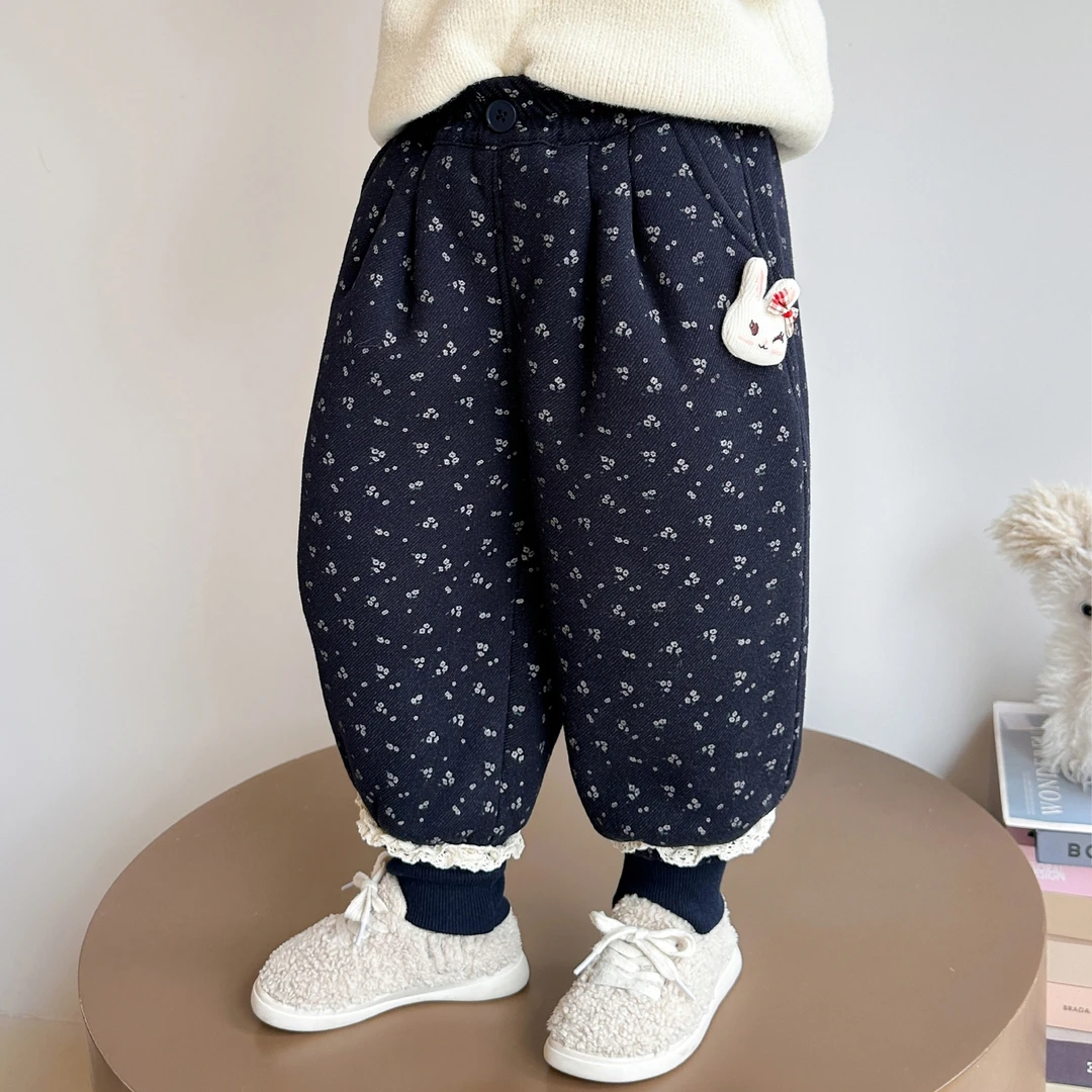 女童加绒休闲裤儿童洋气韩版碎花卫裤小女孩宝宝秋冬装2025新款潮