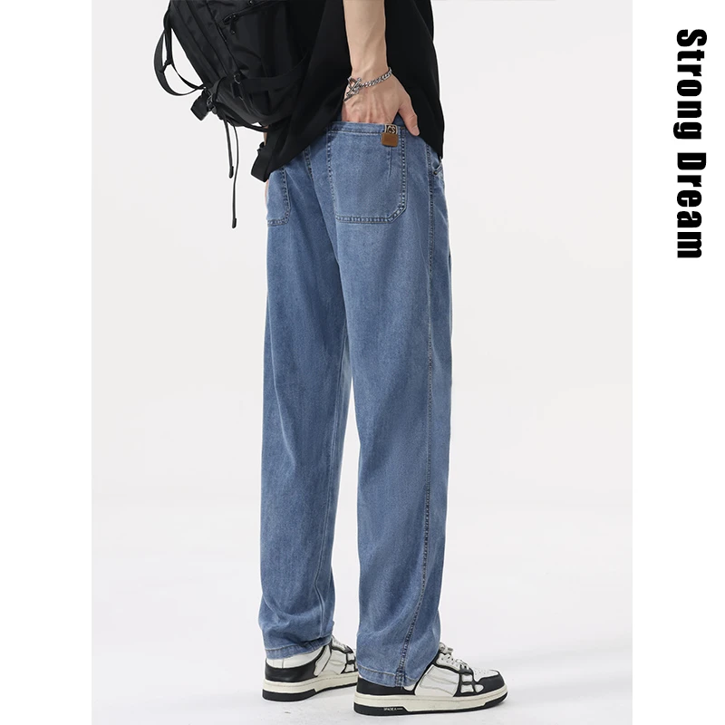 夏季薄款冰丝牛仔裤男宽松直筒2025潮牌冰氧吧天丝凉感阔腿长裤子