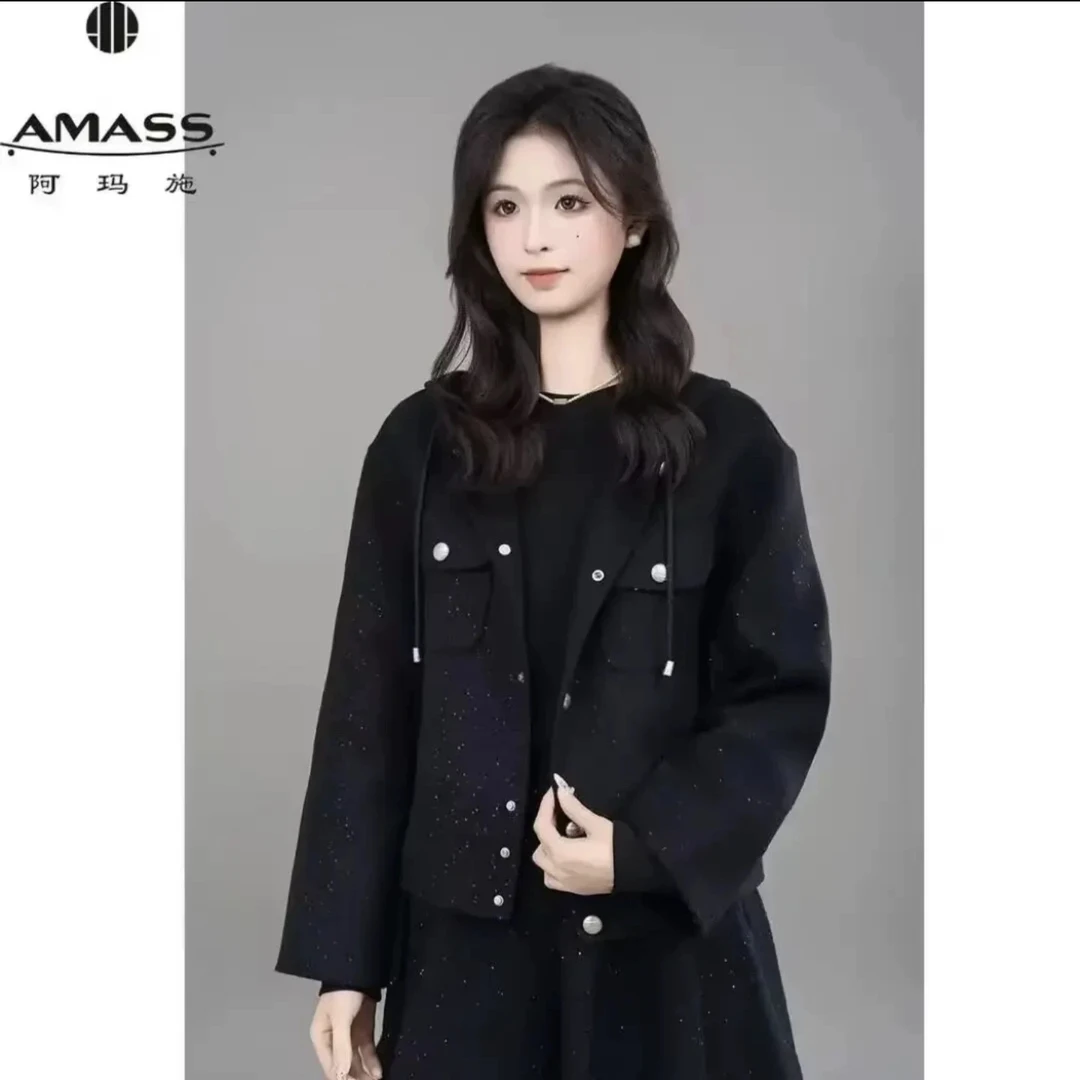 阿玛施【官方正品】秋冬新款复古小香风连帽百搭短款外套5400883