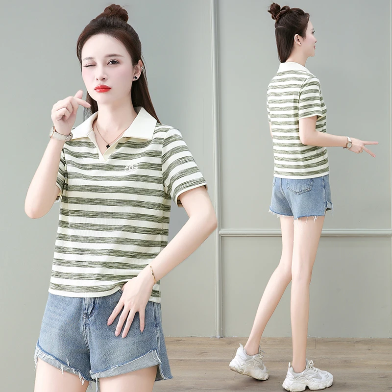 翻领短袖t恤女2025夏季新款显瘦减龄刺绣体恤短款百搭时尚上衣