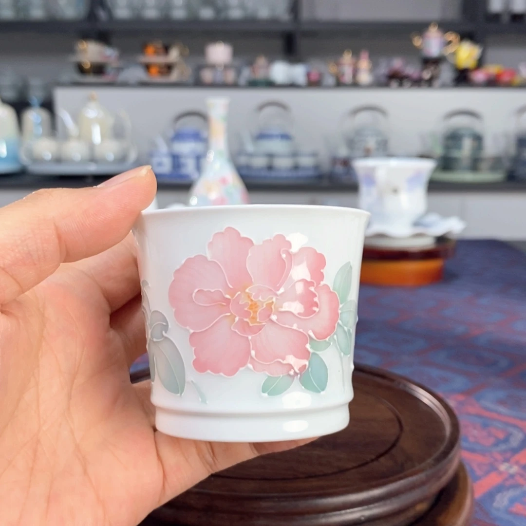 芙蓉花品茗杯手绘釉下高温