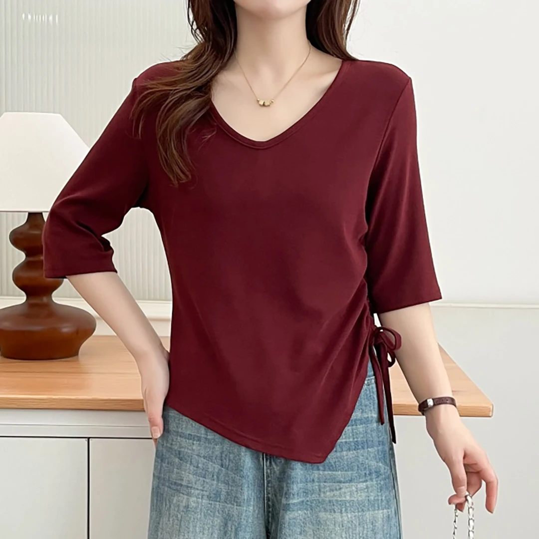 大码胖妹妹2025春秋新款休闲简约上衣设计感V领收腰褶皱五分袖T恤