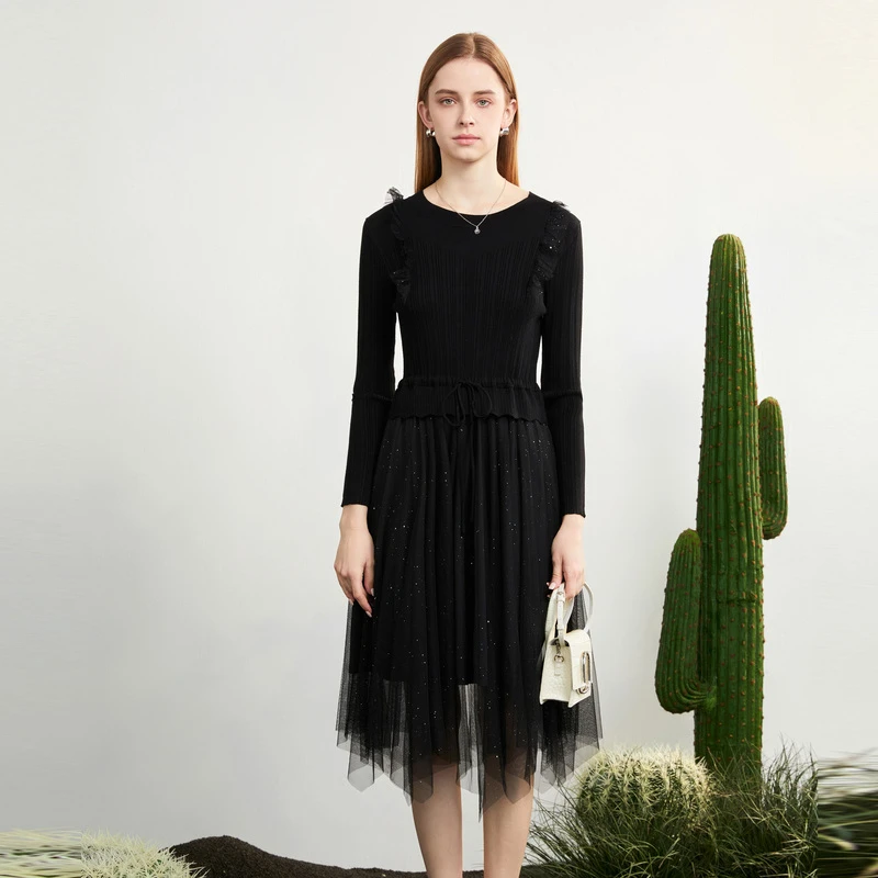 【粉丝专享】圣迪奥罗纹圆领网纱收腰针织连衣裙S23181202