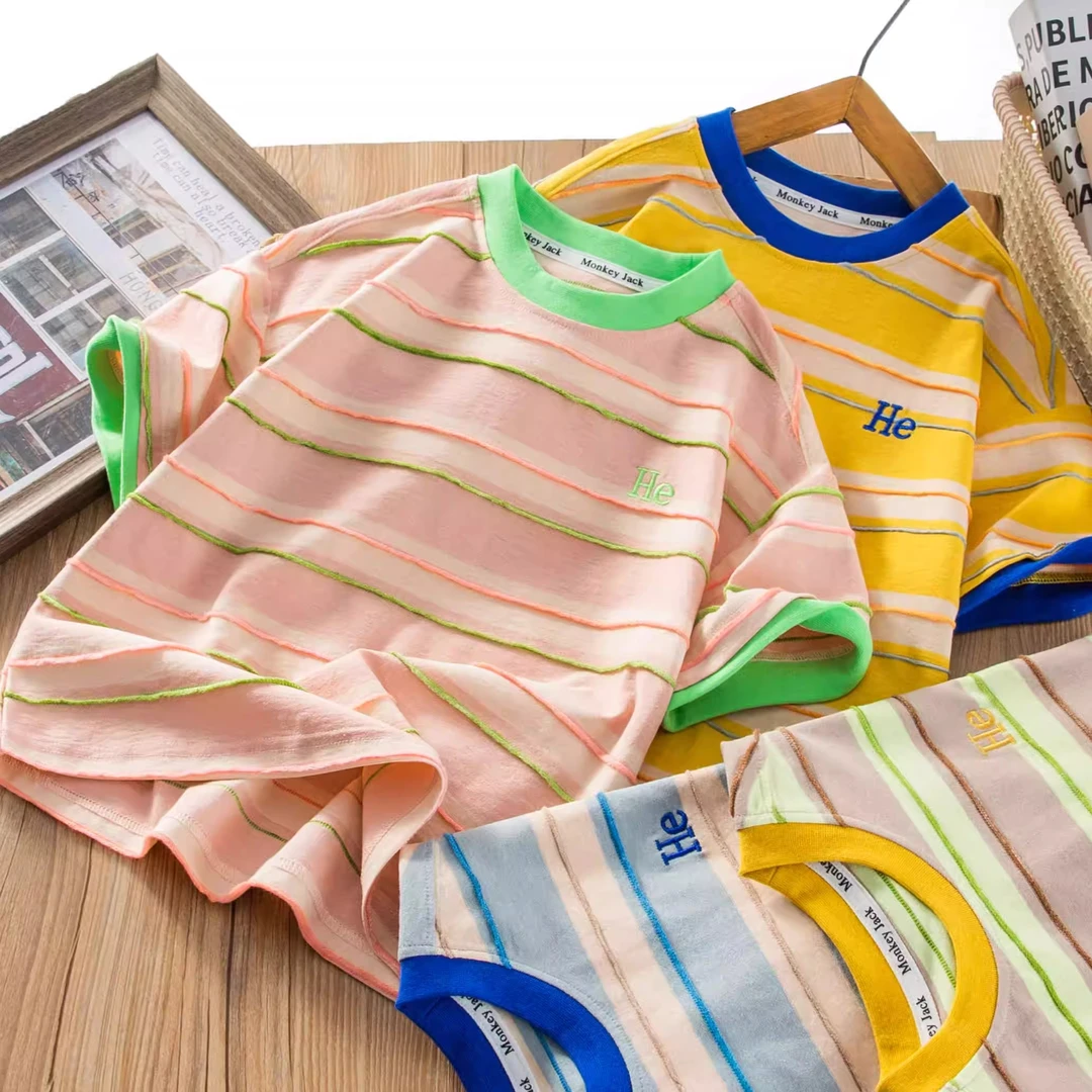 儿童条纹t恤2025夏季男孩刺绣圆领短袖中大童可爱透气运动百搭帅