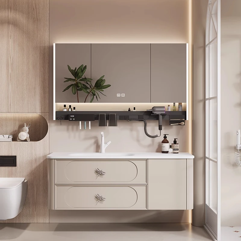 法式奶油风浴室柜组合岩板一体盆卫生间实木洗漱台洗手池洗脸盆