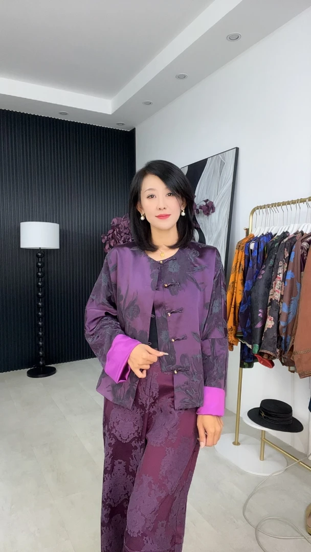 炫云裳新中式油丝盘扣国风紫色提花上衣紫色