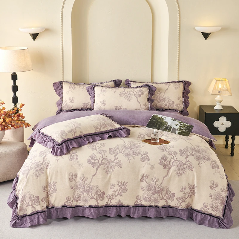 2025新款复古风高端法式花边提花水洗亚麻原麻四件套柔软亲肤