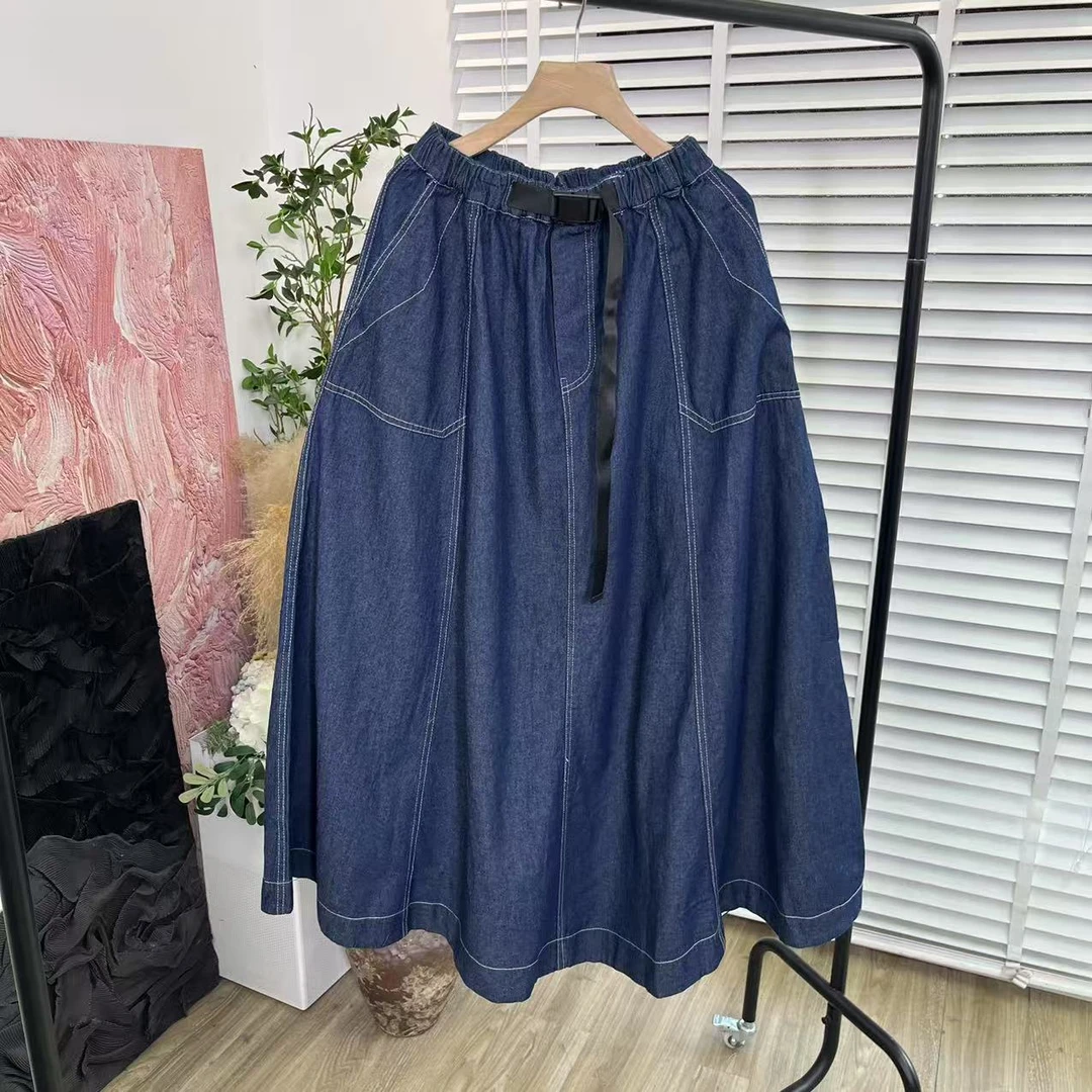 日系松紧腰百搭「文艺水洗牛仔拼接」品质半身裙E5421