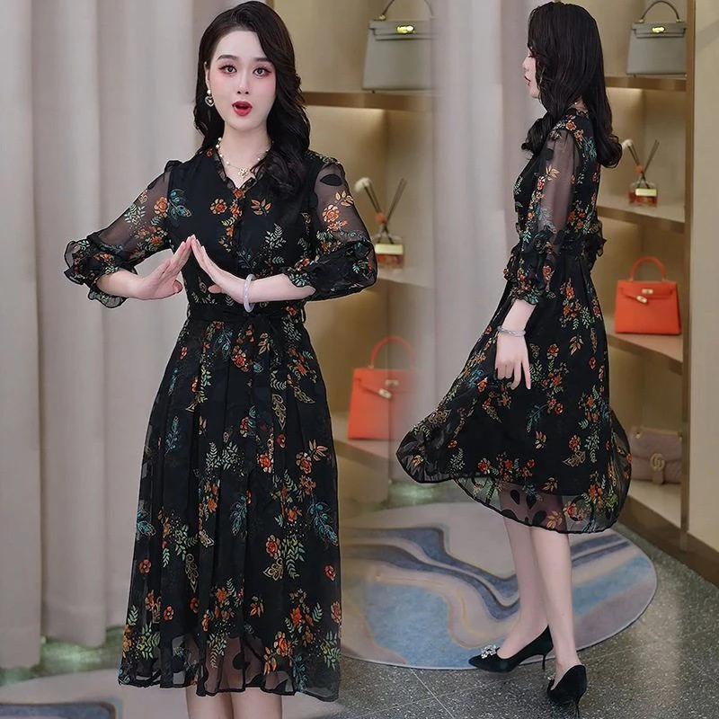 新款连衣裙中青年春夏木耳边爆款印花妈妈裙子女装2025气质女装