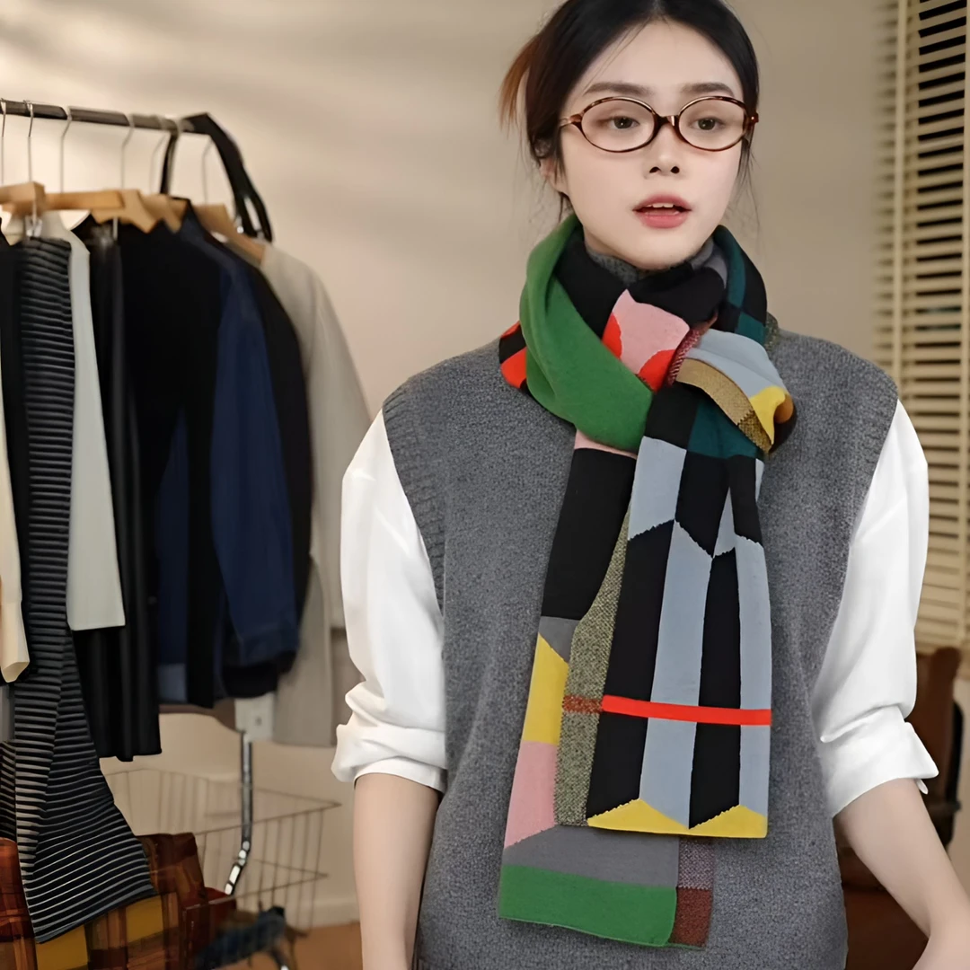 设计师波普风双面拼色羊毛围巾气质长方形冬季撞色围脖女编织