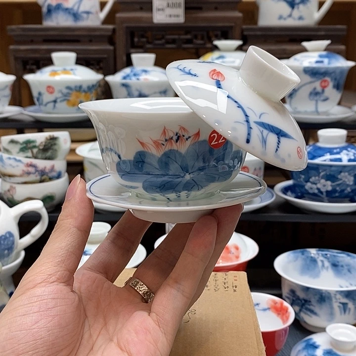 手绘荷花悬停盖碗150cc釉下彩微瑕福利款