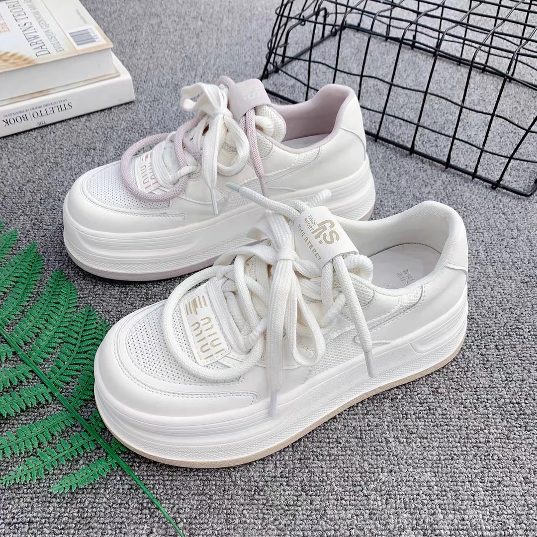 冰芙尼2025厚底大头板鞋女夏季新款时尚单网百搭系带小白鞋25009