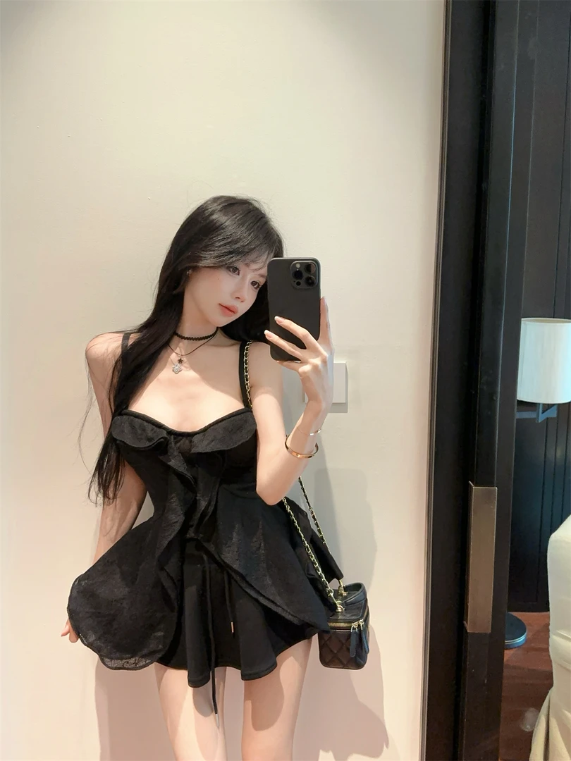 蝉翼超仙设计感荷叶边吊带甜辣上衣女2025新款抽绳伞裙女夏套装潮