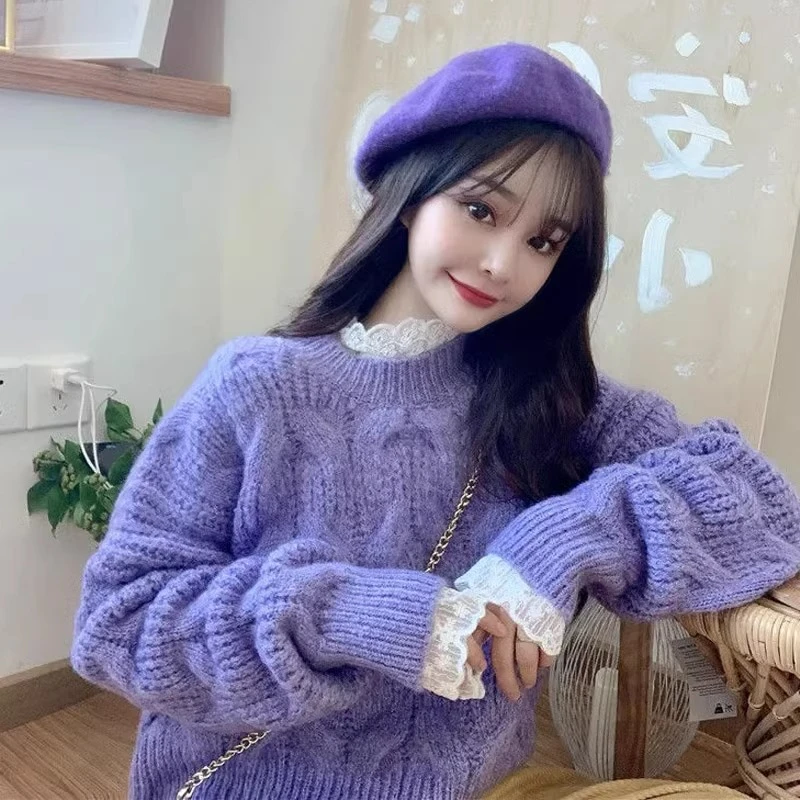 麻花毛衣女秋冬爆款宽松设计感小众蕾丝假两件紫色针织衫上衣