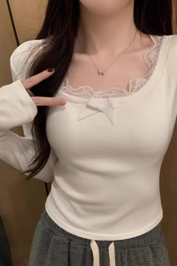 希妮丝 纯欲蕾丝打底衫女内搭长袖上衣秋冬季2025爆款气质修身T恤