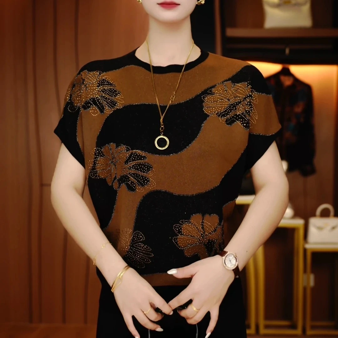 夏季新款时尚烫钻冰丝短袖针织衫百搭大码妈妈装宽松圆领薄款上衣