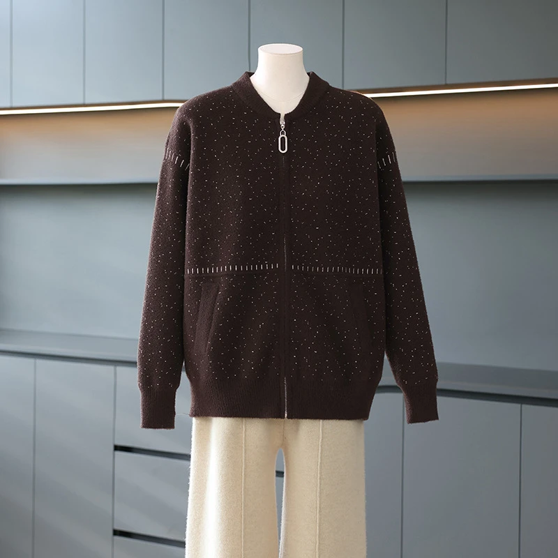 中老年女装春季新款圆领针织休闲开衫上衣妈妈秋冬季宽松毛呢外套