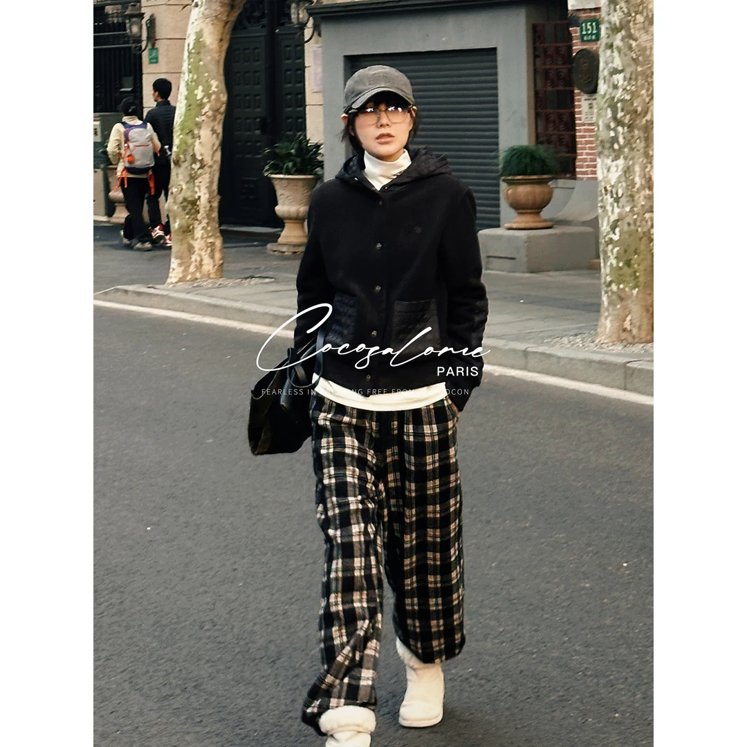 韩彬彬"黑蜜蜂"秋冬新款时尚气质格纹肌理拼接连帽外套女3433-8