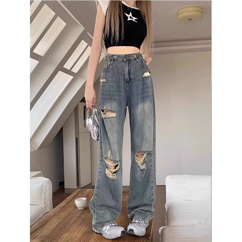 高腰女款美式破洞牛仔裤胖mm遮胯显瘦梨型身材微胖穿搭宽松直筒裤