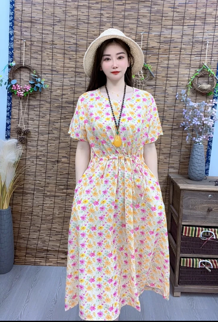 1093#夏季新款短袖圆领收腰宽松连衣裙宽松连衣裙