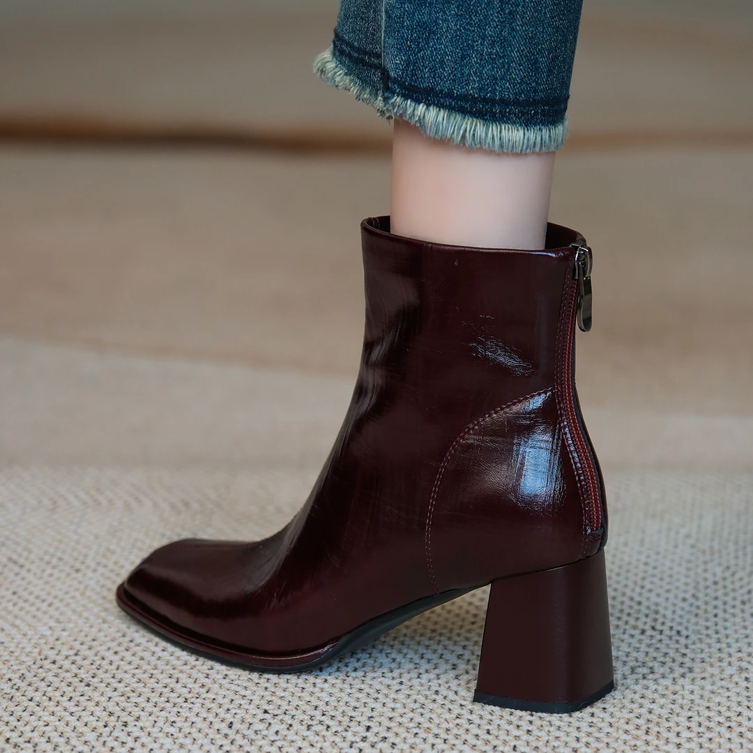 MENEER-M 2025新款法式复古真皮粗跟短靴女百搭方头高跟显瘦靴子