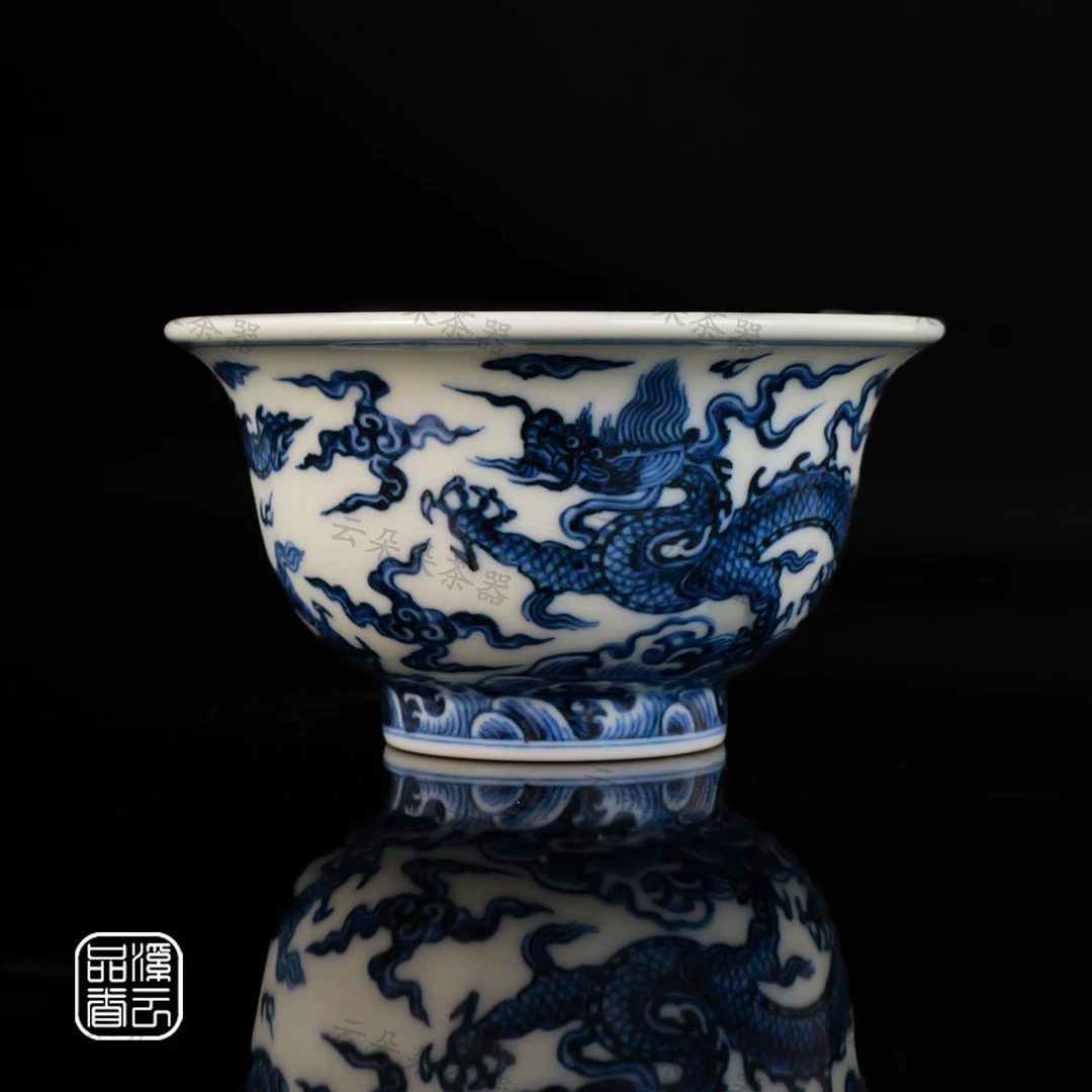 泽一堂 景德镇柴窑手工手绘陶瓷青花海水双龙压手杯品茗杯茶杯