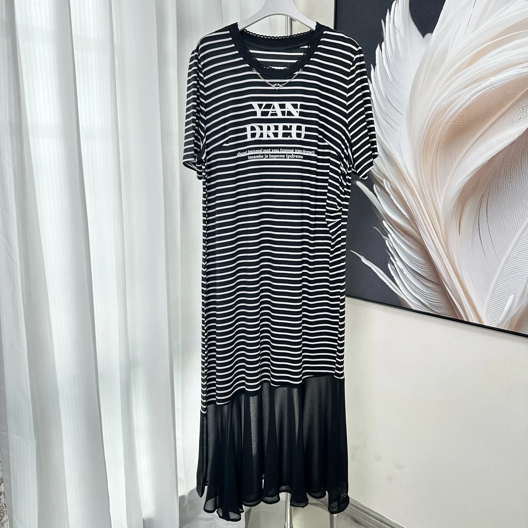 【妃儿红】夏季女士条纹法式拼接款连衣裙-7607