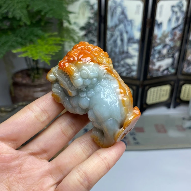 红翡醒狮挂件手把件 天然翡翠A货