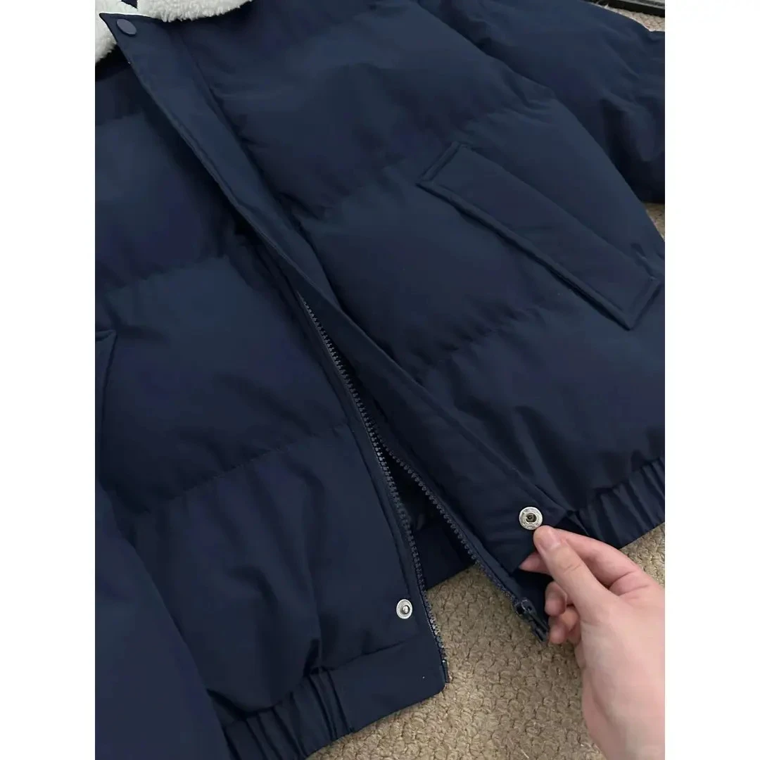 藏青色翻领羊羔绒棉衣男冬季加厚保暖棉袄高级感cleanfit棉服外套