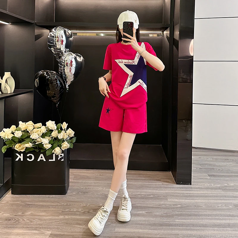 新款显瘦红色休闲运动短袖恤配阔腿短裤潮女装聚酯纤维棉夏季广