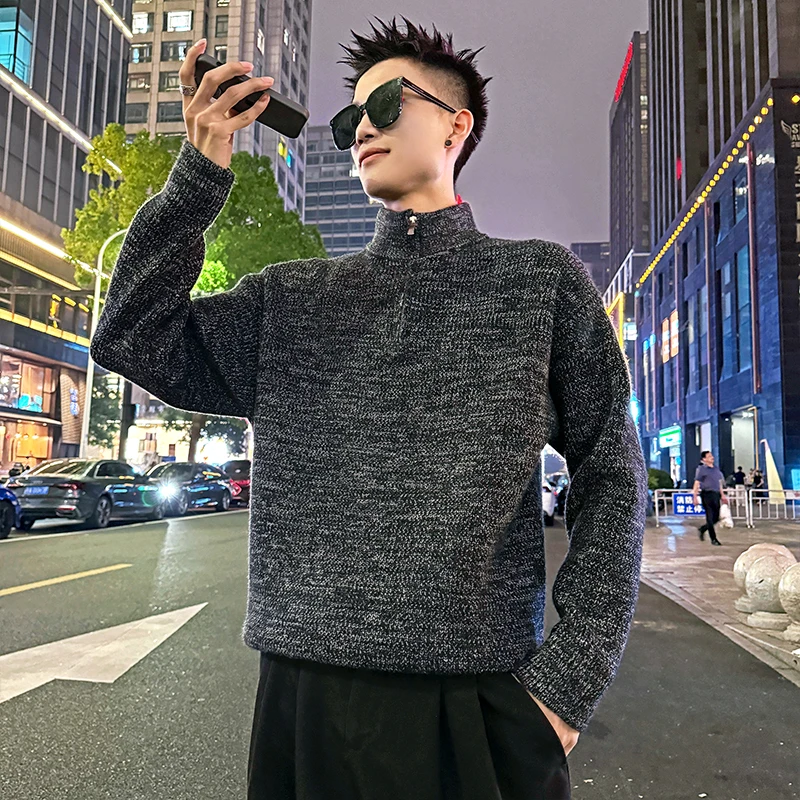 半拉链花线套头毛衣男款秋冬季2025新款高级感潮牌痞帅打底针织衫