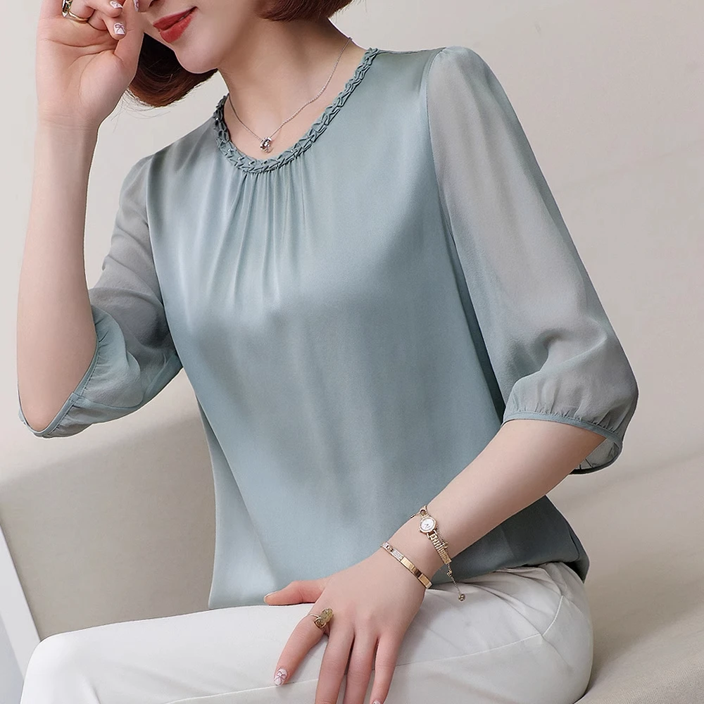 2025夏季新款高级真丝上衣女桑蚕丝衬衫休闲百搭宽松半袖纯色小衫
