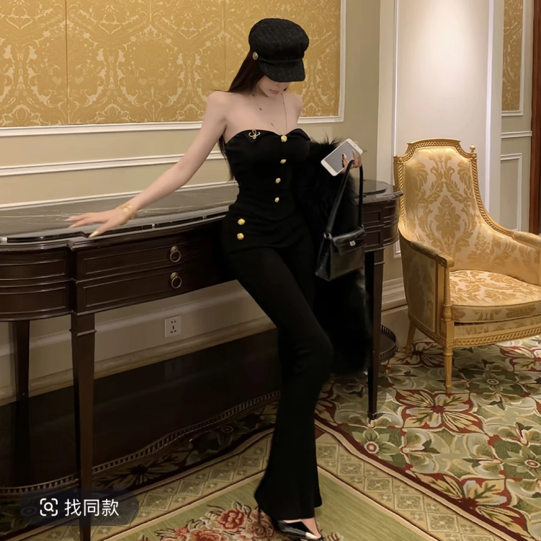 新款秋冬纯欲千金风显瘦黑色修身时尚套装女