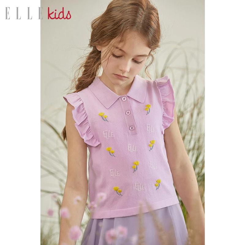 ELLE KIDS童装 冰丝抗起球小飞袖毛线绣花Polo领背心上衣女童T恤