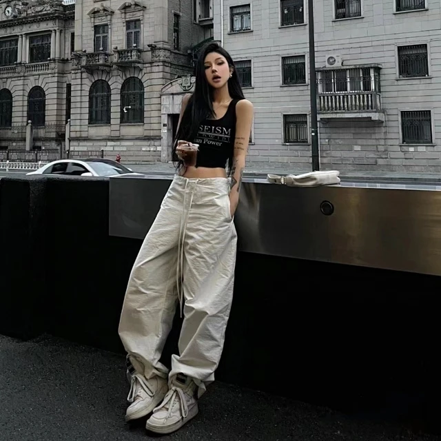 时尚套装女2025夏季新款黑色字母短款背心美式复古抽绳休闲工装裤